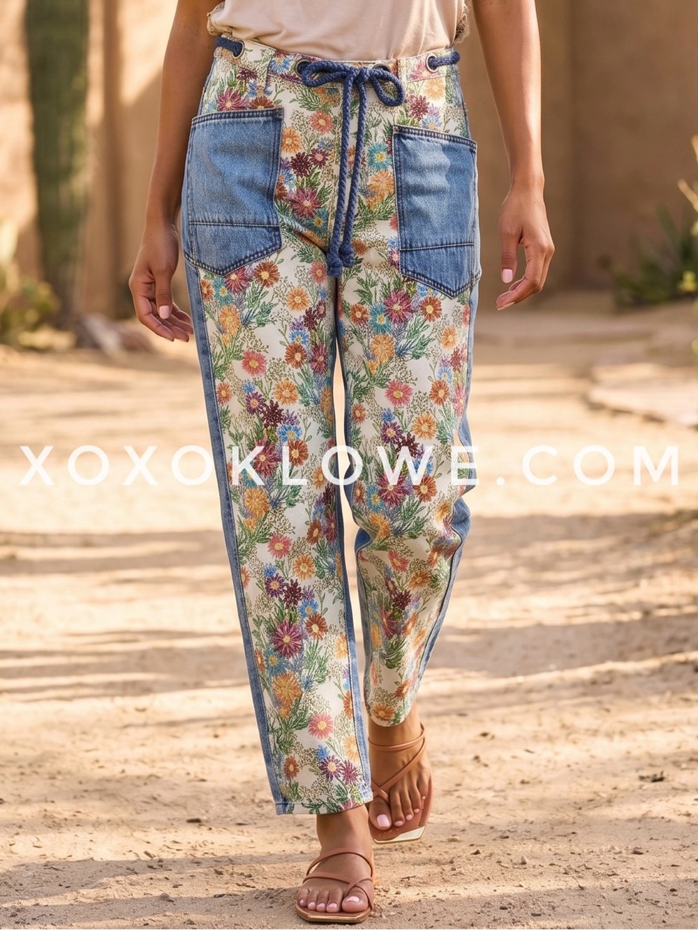 Oli & Hali Floral Jacquard Barrel Jeans | Moxie Rope Tie Denim Pants - Picture 7 of 12